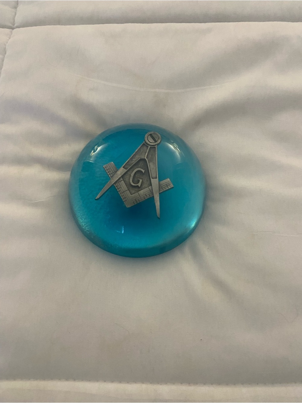 Blue Freemason Glass Paperweight with Compass and Square Emblem